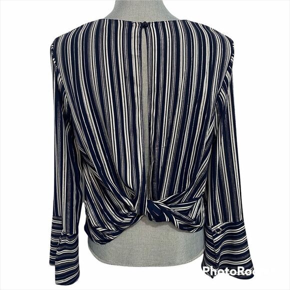 LUSH Blouse Womens Small Navy Blue Metallic Silver Striped Open Back Top - Picture 2 of 5